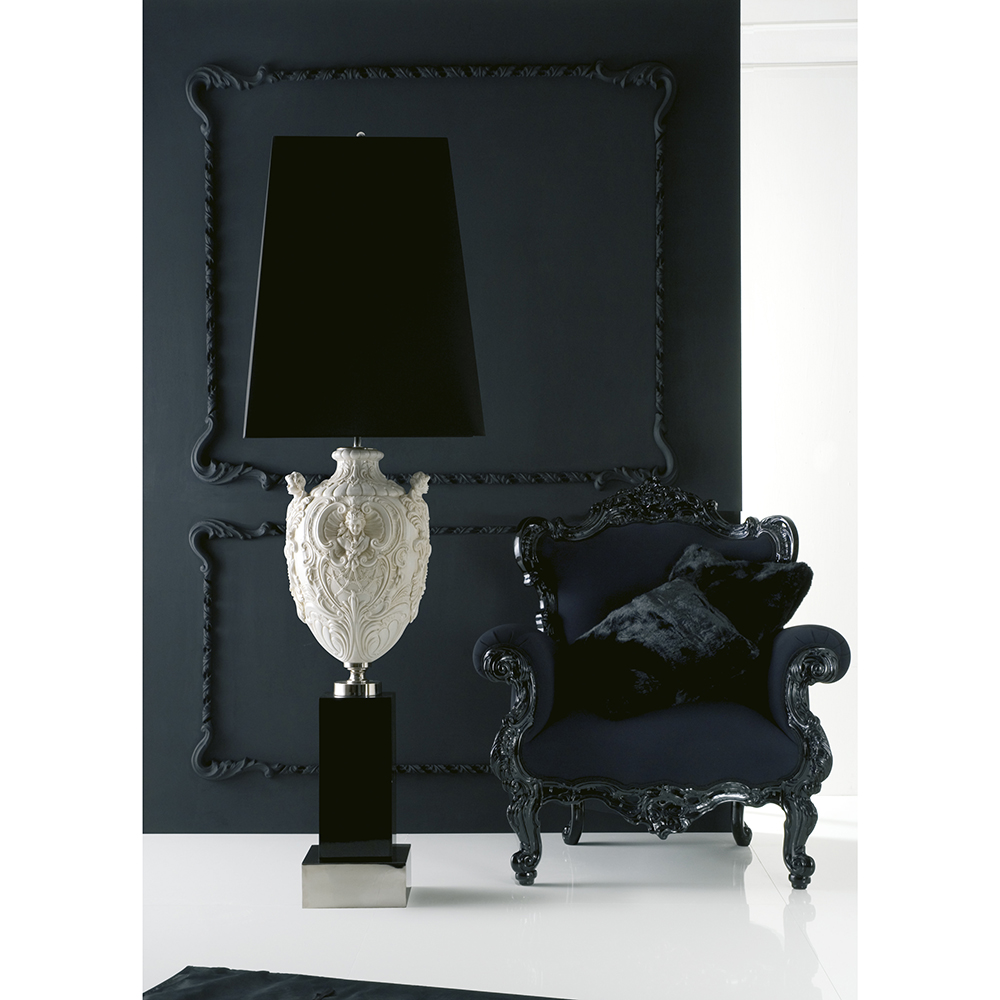 Floor lamp with hand engraved and glazed majolica central structure Chromed brass base and details Glossy black lacquered wooden Black lampshade